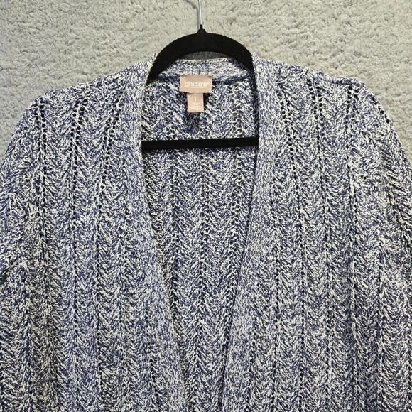Chico's Womens Metallic Blue Crochet Cardigan Open Front  Sz 1 (M) - Sweater - Picture 2 of 8